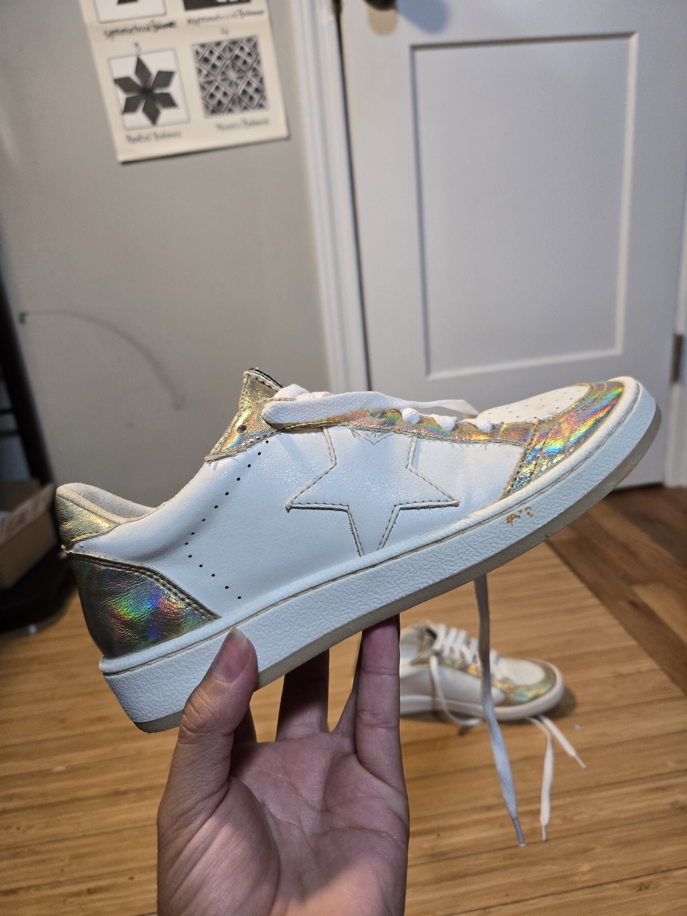Kids White Sneakers with Iridescent Gold Accents